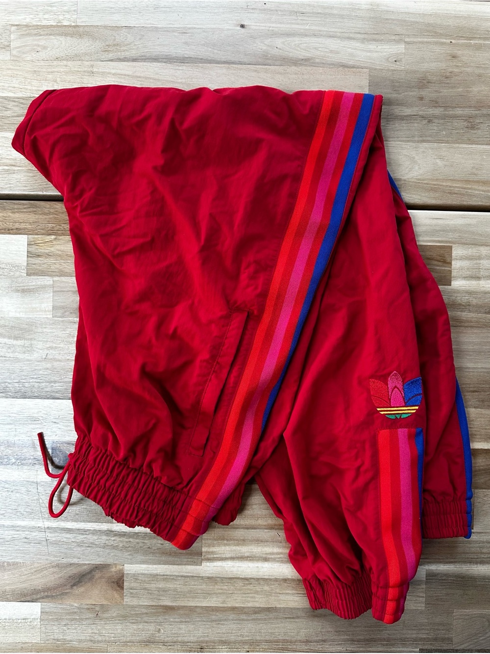 adidas Red Track Pants with Multicolor Side Stripes